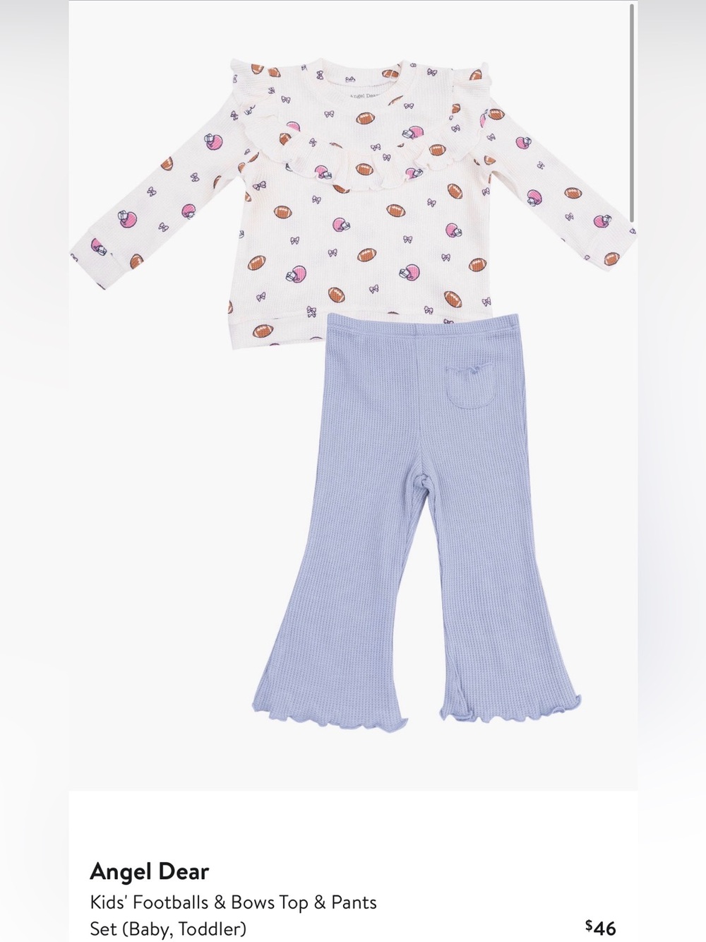 UGC Angel Dear Football & Bows Ruffle Waffle Top & Waffle Flare Pant 6-12M